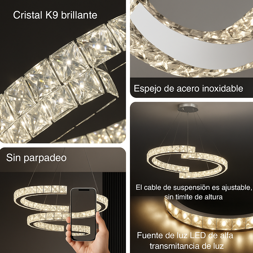 Lustre de Cristal con Colgante en Anillo y Luz LED de Espectro Completo con Protección Ocular