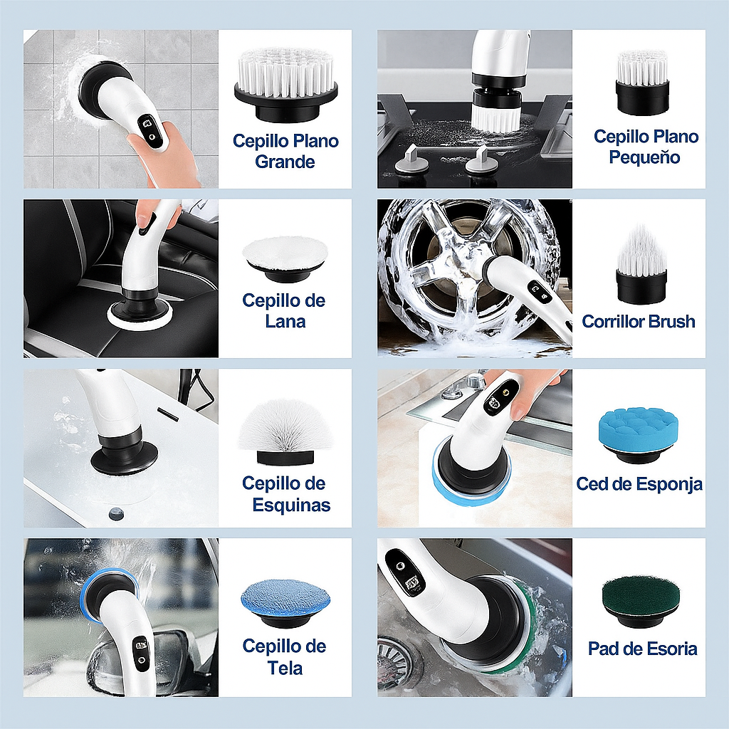 Cepillo de limpieza eléctrico giratorio con 9 cabezales para baño, cocina y coche